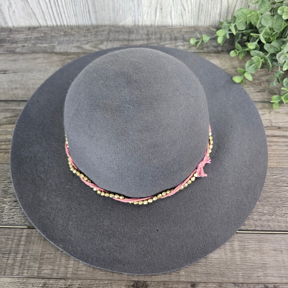 Women's Wool Floppy Hat Gray Wide Brim Petite 21.5" Beaded Band Boho Festival‎